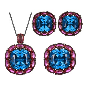 Fashion Eco-friendly Copper Wedding Sets Jewelry Set Bridal Blue Zircon With Rose Cut Surround Vintage Necklace <b>Earring</b> Ring Set - Product Image 1