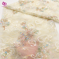 Tissu en dentelle brodée de fleurs et de perles à paillettes de qualité supérieure, combinaison de maille jacquard et d'organza à fil doré doux pour robe d'enfant