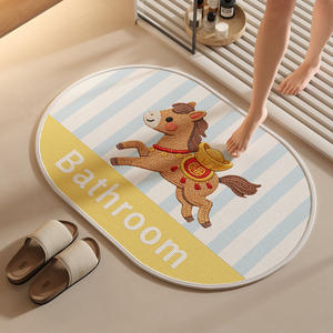 Alfombra de baño ovalada con diseño de caballo de dibujos animados, imitación de lino, absorbente, antideslizante para baño - Product Image 1