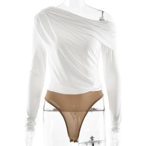 Women's Off Shoulder Asymmetrical Neck Bodysuit <b>Long</b> <b>Sleeve</b> High Elasticity Knitted Polyester <b>Base</b> <b>Layer</b> Sexy Tight Fit - Product Image 5