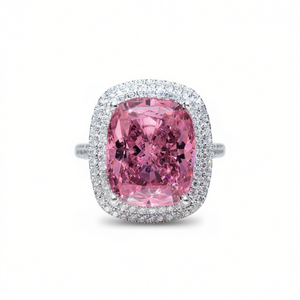 Bague de cocktail de luxe en pierre précieuse rose avec sertissage pavé taille coussin, en argent 925, bijoux de fiançailles pour femme, modèle certifié F1015 - Product Image 1