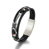 Bracelet en cuir tressé argenté en acier inoxydable 316L, double brin, fermoir à crochet, cordon noir, nœud rond, bijoux pour hommes, OEM personnalisé