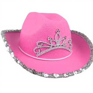 <span class=keywords><strong>Sombrero</strong></span> <span class=keywords><strong>Vaquero</strong></span> Rosa con Lentejuelas Brillantes y Tiara Intermitente de SOLPOP, Diseño de Corona de <span class=keywords><strong>Princesa</strong></span> Vaquera - Product Image 1