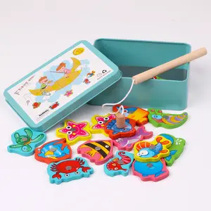 赤ちゃん子猫魚のおもちゃ木製磁気釣りプールのおもちゃ1〜3歳の子供のための