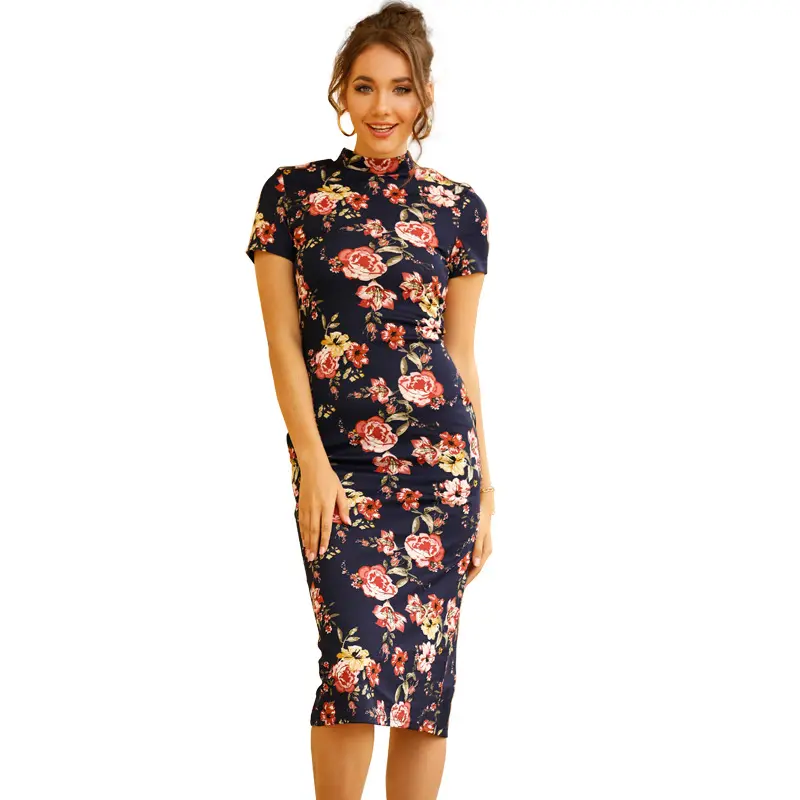 Summer European and American Chinese style retro print half turtleneck tight cheongsam dress