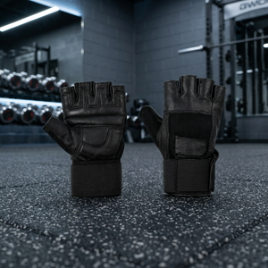 Wholesale Professional Leather Gym Gloves Non-Slip Weight Lifting Fingerless Workout Gloves with Elastic Wrist Support Wrap - Product Image 4