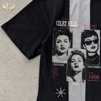 Kaos Custom Warna Blok Panel Sambung Berhias Berlian Imitasi Bintang Vintage LOGO Cetak DTG Kolase Print 100% Katun Model Boxy Fit Pria