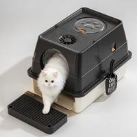 Bac à litière pour chat à commande manuelle, en acier inoxydable, avec couvercle rabattable, contrôle des odeurs, structure double couche, rideau d'entrée, facile à nettoyer, grand format