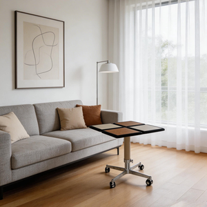 Table basse mobile et réglable avec cadre en métal et plateau en cuir, table d'appoint pour salon et chambre à coucher avec roulettes - Product Image 4