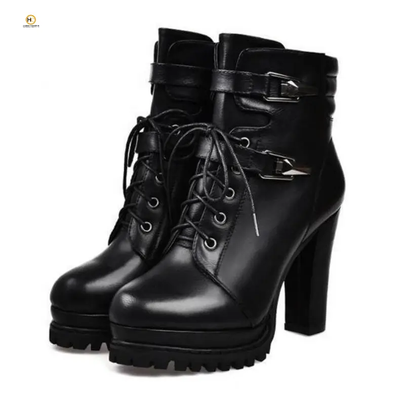 Women's thick heel ankle boots autumn and winter new British style high-heeled women's shoes plus velvet lace-up women's boots