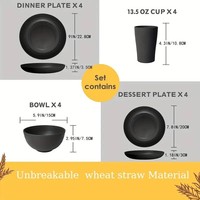 Vaisselle en plastique de qualité alimentaire 16 pièces ensemble de vaisselle en plastique multicolore avec paille de blé pour la cuisine