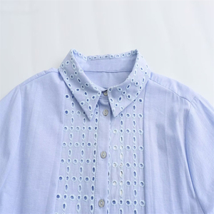 Robe <span class=keywords><strong>midi</strong></span> décontractée élégante en mousseline de soie bleu ciel à broderie anglaise et rayures, à manches longues, pour femme, fabriquée sur mesure - Product Image 3