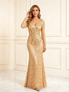 <span class=keywords><strong>Robe</strong></span> de soirée sirène à sequins dorés, col en V, manches longues, longueur au sol - Product Image 4