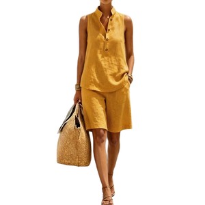Women's <b>Linen</b> Sleeveless Top And Shorts <b>Set</b> Solid Color Casual Suit For Europe And America Smlxlxxlxxxl - Product Image 5