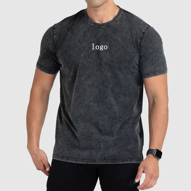 High Quality Custom Logo Printing Soft 100%Cotton Acid Washed Fitted Workout Gym Moisture Wicking T Shirt For Men