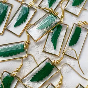 Pressed Natural Clear Handmade Green Leaf Rectangular Resin Fern Leaf Earrings