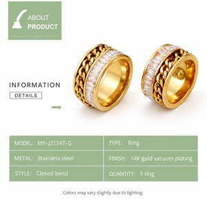 แหวนลายโซ่ สแตนเลสสตีล ชุบทอง 14K แบบสุญญากาศ ประดับเพชรซิร์คอน วงกว้าง พร้อมแถบโซ่และแถบเพชรซิร์คอนทรงบาแกตต์ใส - Product Image 3