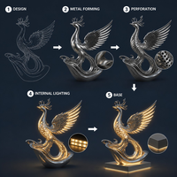 Sculpture d'art métallique Phénix lumineux en acier inoxydable poli miroir avec ailes LED, pour place de nuit, monument, statue, fabrication sur mesure