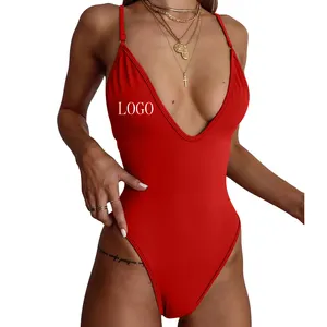 Baju renang kualitas tinggi bodysuit wanita lingerie seksi pakaian pantai penutup padat leher v tali spageti