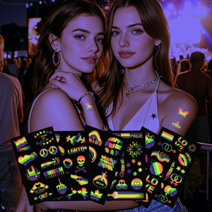 Autocollants de tatouage temporaires fluorescents personnalisables exclusifs, motifs arc-en-ciel en forme de cœur, grande <span class=keywords><strong>taille</strong></span> pour festival - Product Image 1