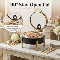 Miaocai Plat de service rond en acier inoxydable 304 et verre, avec système de fermeture douce, chauffe-plat de buffet 6L, alimentation hydraulique, pour traiteur, noir et or