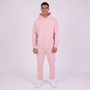 Conjunto Deportivo de Invierno para Hombre, Color Rosa Claro, 100% Algodón Felpa, Lavado Ácido, Estilo Urbano, Personalizado, Pantalones y Sudadera con Capucha - Product Image 1
