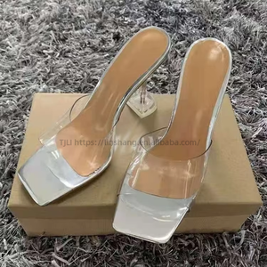 Sandalias de tacón alto para mujer con banda transparente, punta cuadrada, estilo transfronterizo, con cristales - Product Image 5
