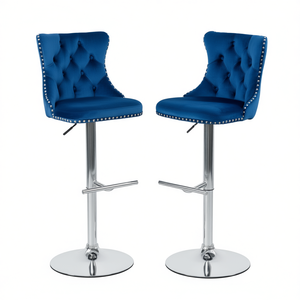 Tabourets de bar modernes bleus en velours, base chromée, hauteur réglable, dossier capitonné, mobilier commercial - Product Image 1