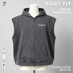 Gilet sans manches à capuche RAMAX, coupe ample, coton 400 GSM, fermeture éclair, sweat à capuche pour homme avec poche, logo personnalisé - Product Image 1