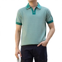 Polo en tricot à imprimé géométrique vert pour homme, manches courtes, style décontracté chic, respirant, en coton, pull pour homme, polo de golf, streetwear
