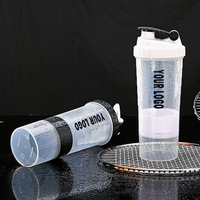 Bouteille de shaker à protéines en plastique transparent de 550 ml, gobelet vide pour poudre de sport, bouteilles d'eau, gobelets de sport, logo personnalisé avec échelle