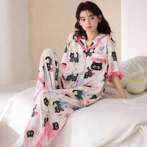 <span class=keywords><strong>Pigiama</strong></span> Estivo da <span class=keywords><strong>Donna</strong></span> 2026 Nuovo con Stampa <span class=keywords><strong>Gatto</strong></span> Nero Carino, Cardigan Casual Comodo con Bordo in Pizzo e Maniche Corte - Product Image 4