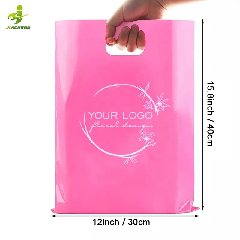 Custom logo printed fold plastic pink thank you die cut handle carry shopping packaging bags for boutique retail shopping