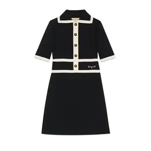 YT Black Wool Cotton Polo Jacquard Polo Skirt Lapel Fake Single-breasted Button Knitted Skirt