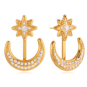Boucles d'oreilles étoile et lune, ton or, zircon blanc, micro-insertion, acier inoxydable, bijoux de mode pour femmes, cadeau - Product Image 5