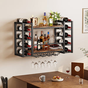 رف نبيذ معدني متعدد الوظائف ذو طبقتين مثبت على الحائط بتصميم عتيق مع عرض للزجاجات المعلقة لتخزين المطبخ - Product Image 1