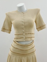 Ensemble jupe et haut en tricot à col rond perlé, à simple boutonnage, à manches courtes, de haute qualité, pour femmes, 2 pièces, AIMEISI