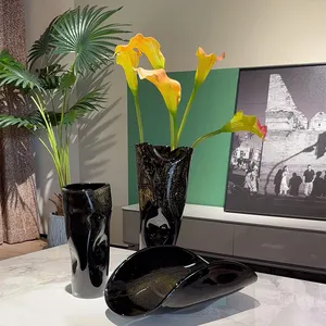 The Latest Style Dark Amber Irregular Glass Crystal Vases Decor Glass Set 2 Bottle Plate For Home Decoration Modern