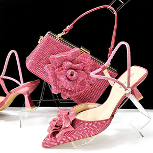 Conjunto de Zapatos de Mujer con Punta Puntiaguda y Bolso de Mano con Correa de Tobillo, Adorno Floral y Bolso de Mano Trapezoidal con Diamantes de Imitación Exquisitos - Product Image 1