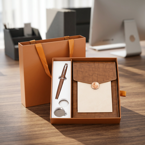 Brown Leather Business <b>Gift</b> <b>Set</b> With Metal Pen Notebook And Keychain - Product Image 1