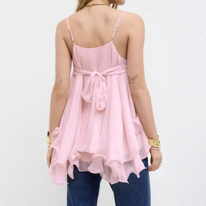 2026 Summer Sweet Pink Double Layer Chiffon Flowy A Line Camisole Casual <b>Top</b> - Product Image 4