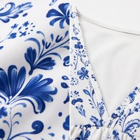 Robe longue femme 100 % coton, col en V, manches courtes, coupe trapèze décontractée, imprimé bleu Delft Porcelaine, artisanat du patrimoine néerlandais, vente en gros