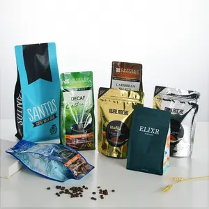 खाद्य पैकेजिंग अनुकूलित 250g 500g 1kg पन्नी कॉफी बीन बैग डिजाइन प्रिंट जिपर ताला फ्लैट नीचे कॉफी बैग के साथ वाल्व