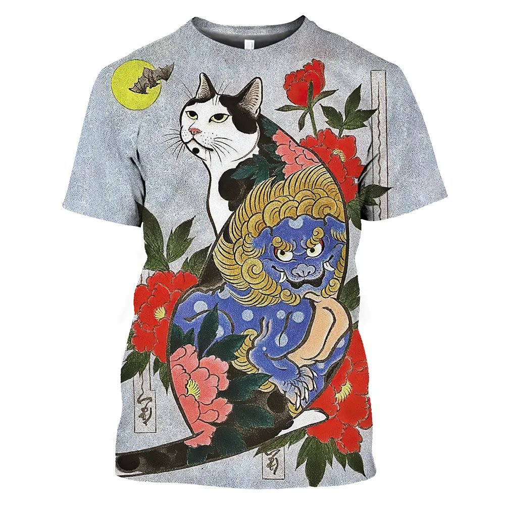 Japan Samurai Cat Graphic T Shirts Cool Classic Art Style Men's And Women's Printing Tees Fashion O-neck Short Sleeve Loose Tops