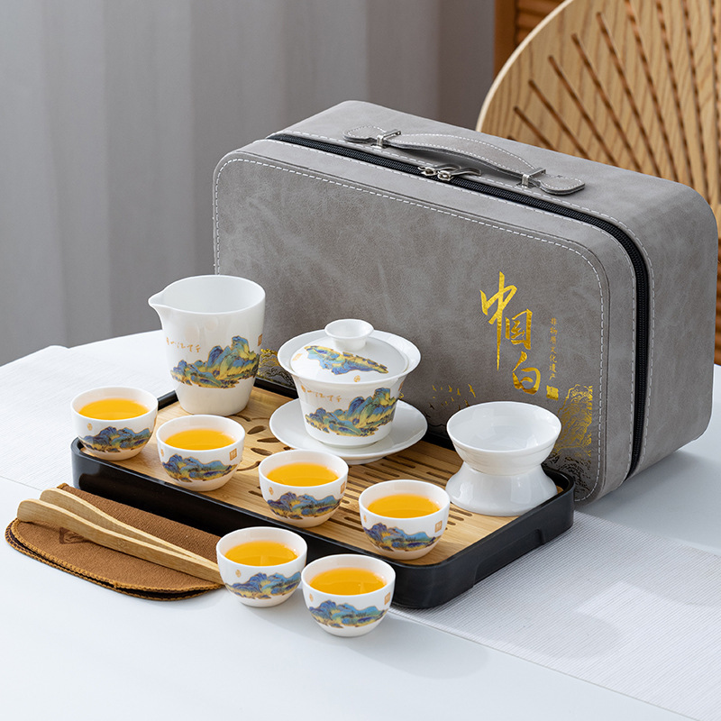 Service à thé de voyage en jade de mouton, sac en cuir gris wanli jiangshan