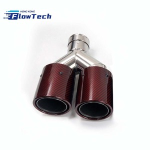 Punta de escape doble FlowTech SS304 1 a 2 con acabado de fibra de carbono roja para modificación universal de automóviles – Montaje directo con tornillos - Product Image 1
