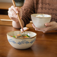 Bol en céramique et porcelaine rétro bleu à motif floral de 5,5 pouces, design irrégulier, pour riz, farine, café, thé – Écologique, Nouveau style chinois