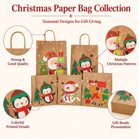 Ensemble de sacs cadeaux en papier kraft imprimés avec des motifs de pinguins, de bonhommes de neige et de rennes de Noël, avec des poignées en corde torsadée