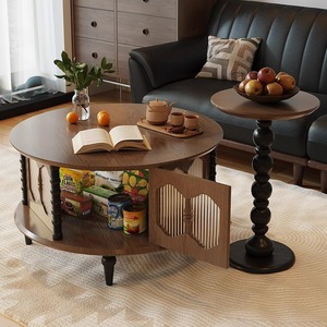 Retro Solid Wood Coffee <b>Table</b> <b>Round</b> With Storage For Living Room Home Use - Product Image 1