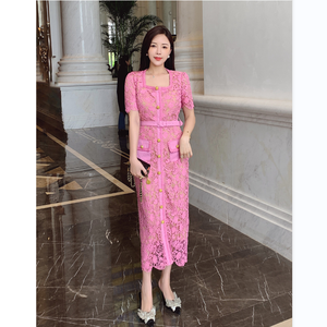 A7866 elegante estate donna <span class=keywords><strong>Midi</strong></span> abito rosa floreale traforato stile stile moda coreano - Product Image 2